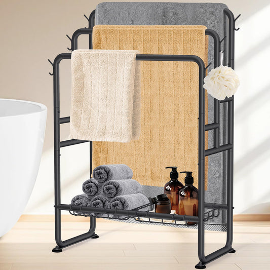 3 Tier 40"Towel Rack Stand with 2 Storage Baskets & 6 Hooks