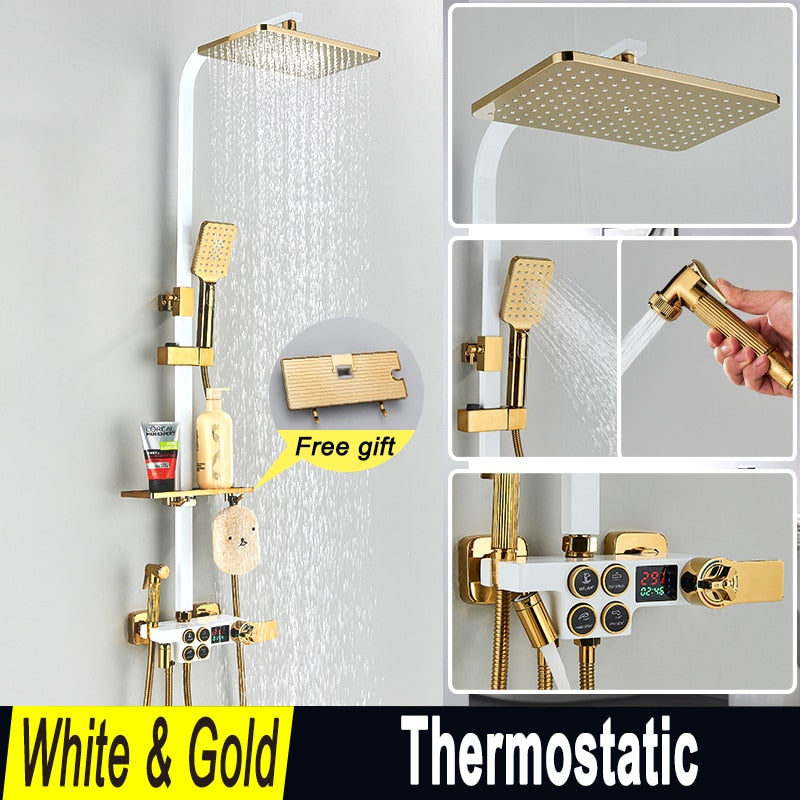 Black and Gold Rainfall Bathroom Faucet Shower System