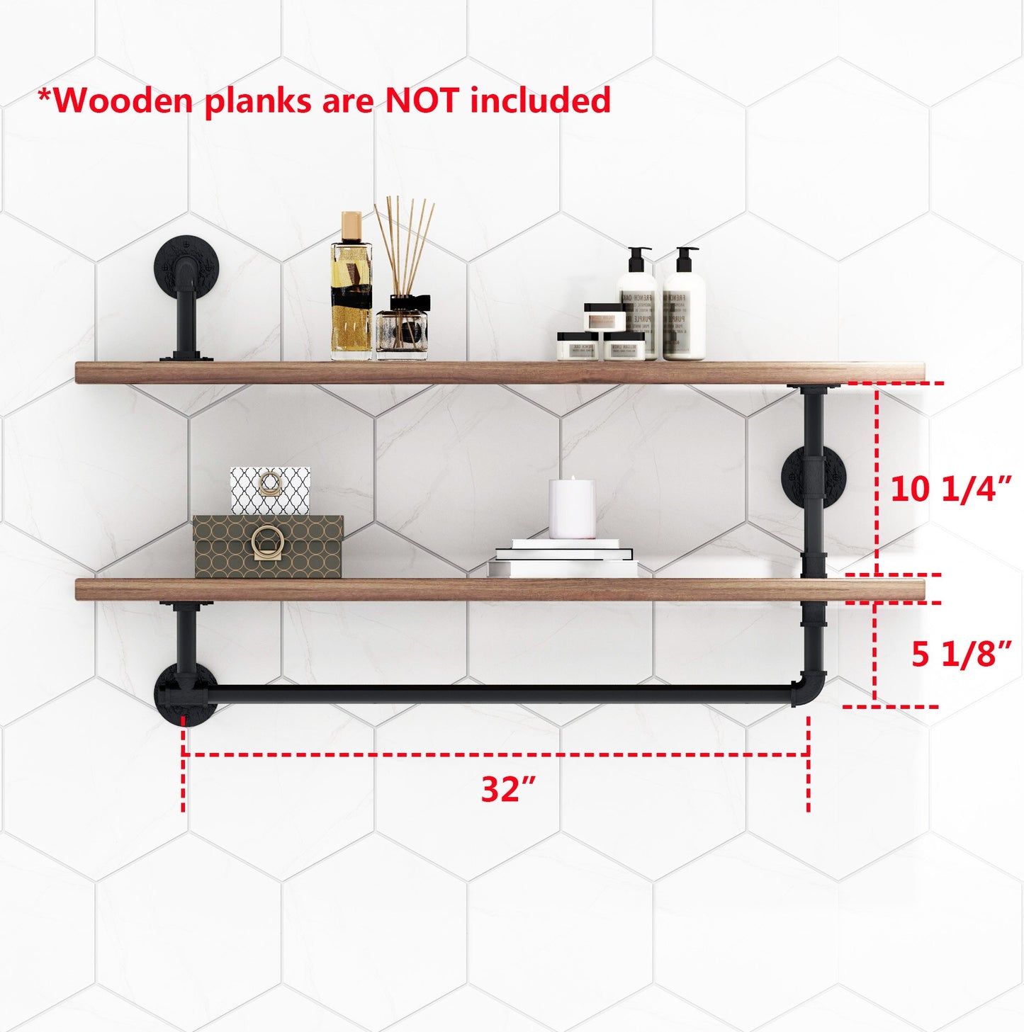 32" Industrial Style Black Pumbing Pipe with 2 Shelves