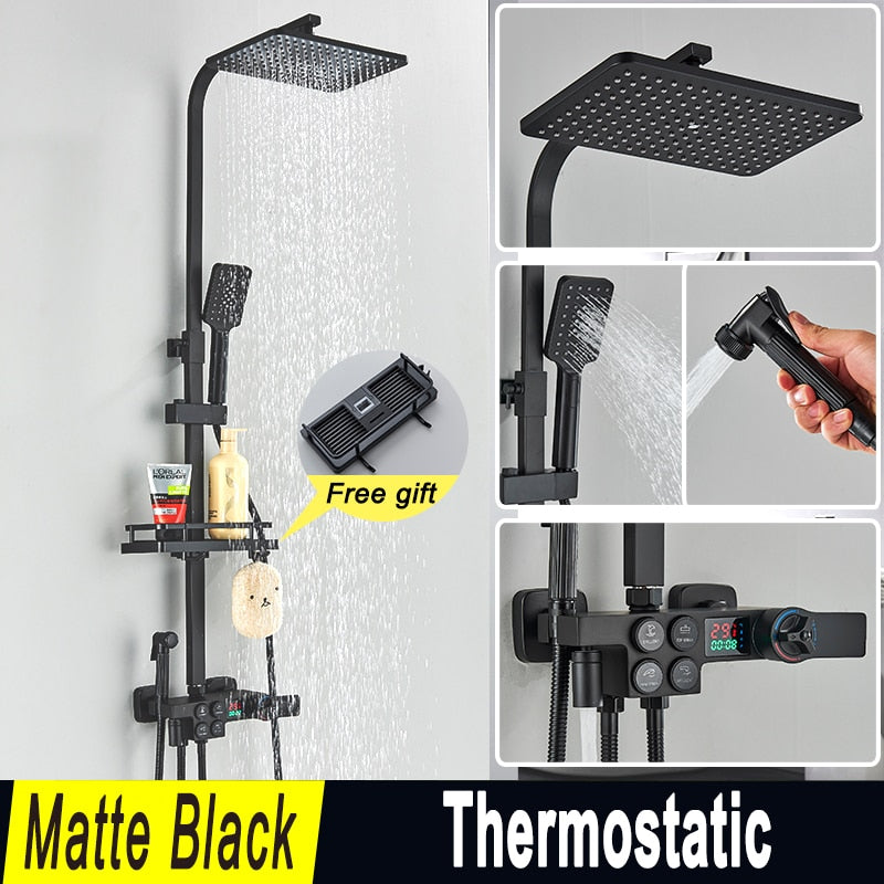 Black and Gold Rainfall Bathroom Faucet Shower System