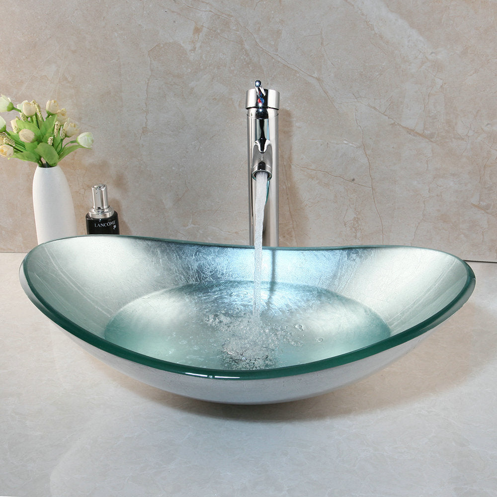 Shiny Tempered Glass Wash Basin Sink W/ Faucet Set