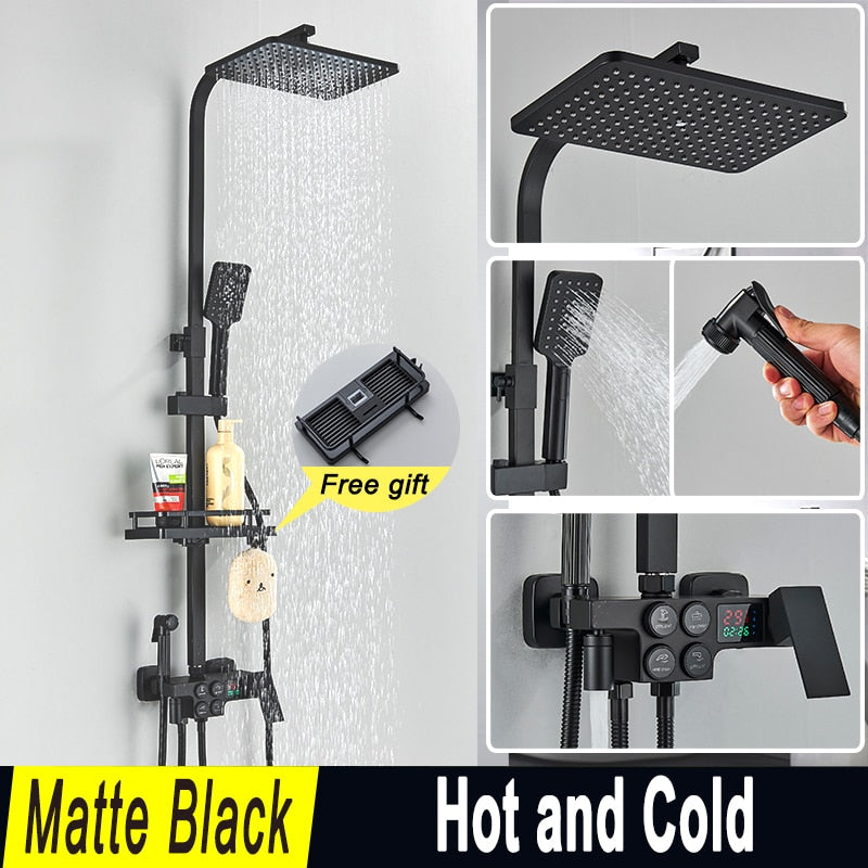 Black and Gold Rainfall Bathroom Faucet Shower System