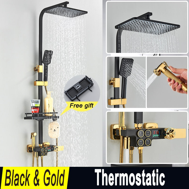 Black and Gold Rainfall Bathroom Faucet Shower System