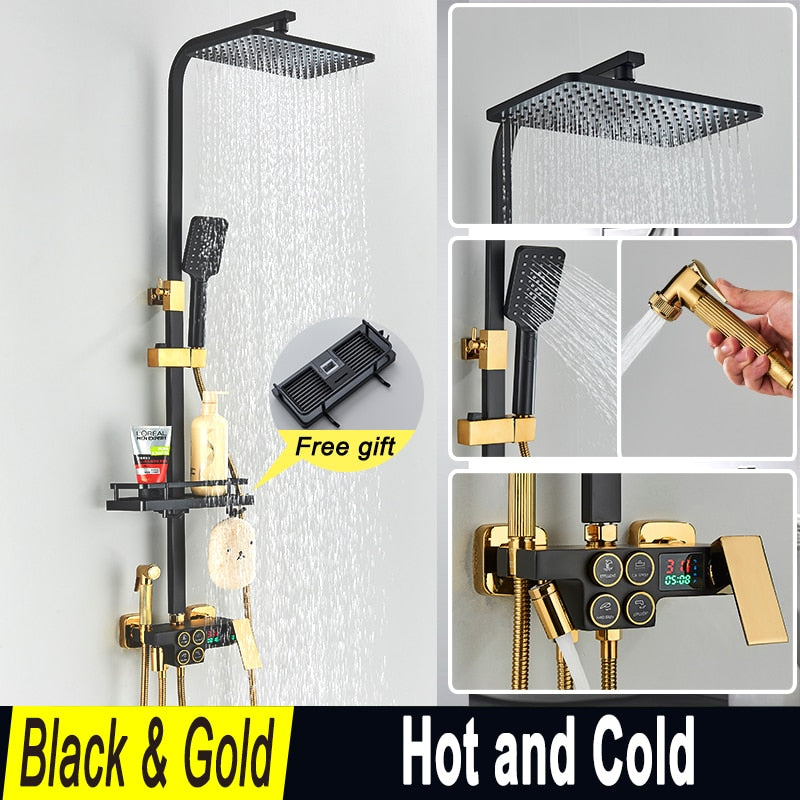 Black and Gold Rainfall Bathroom Faucet Shower System