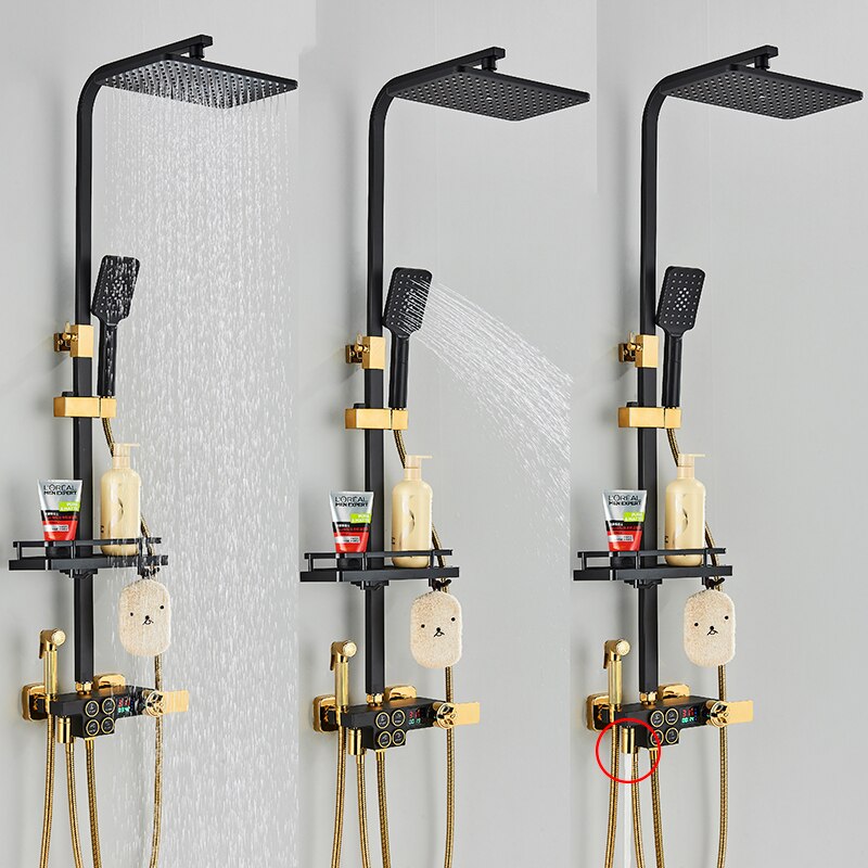 Black and Gold Rainfall Bathroom Faucet Shower System