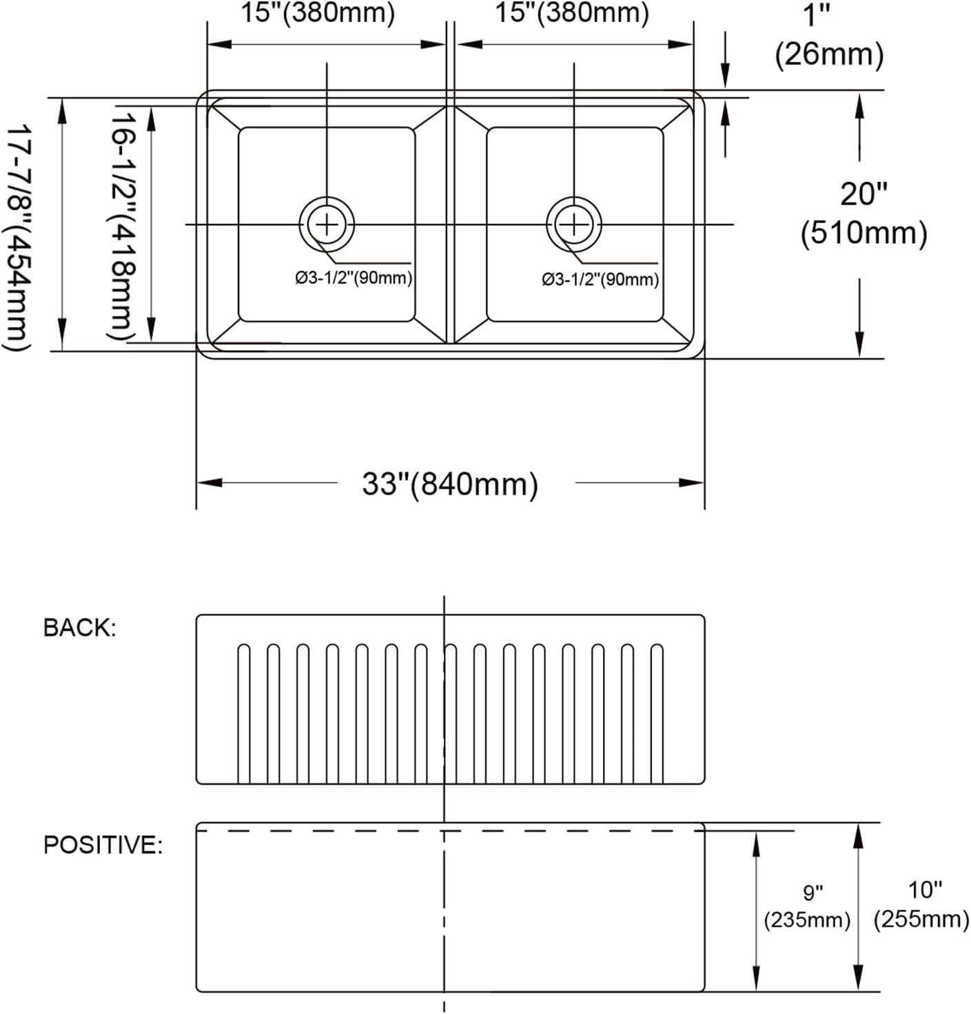 33 inch Double Bowl Undermount Kitchen Sink