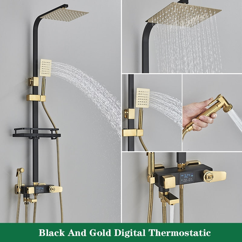 Black and Gold Rainfall Bathroom Faucet Shower System