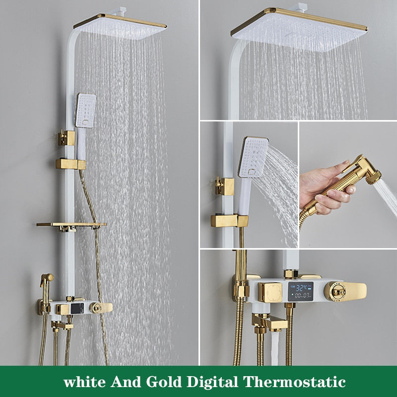 Black and Gold Rainfall Bathroom Faucet Shower System