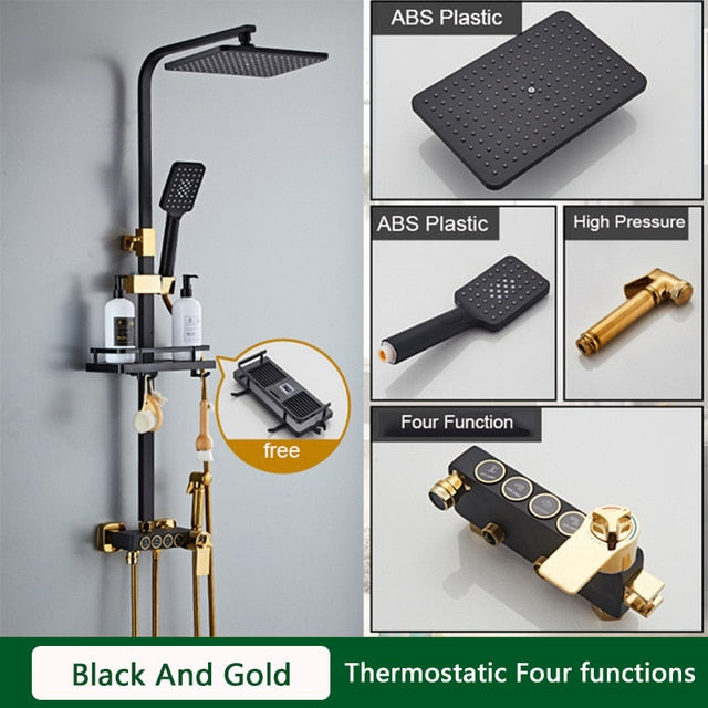 Black and Gold Rainfall Bathroom Faucet Shower System