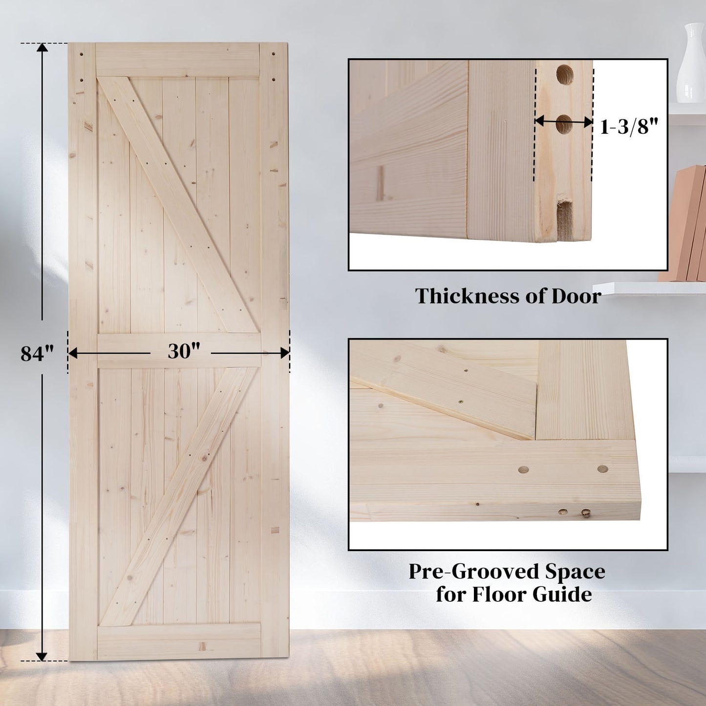 Unfinished Solid Spruce Wood Sliding Barn Door