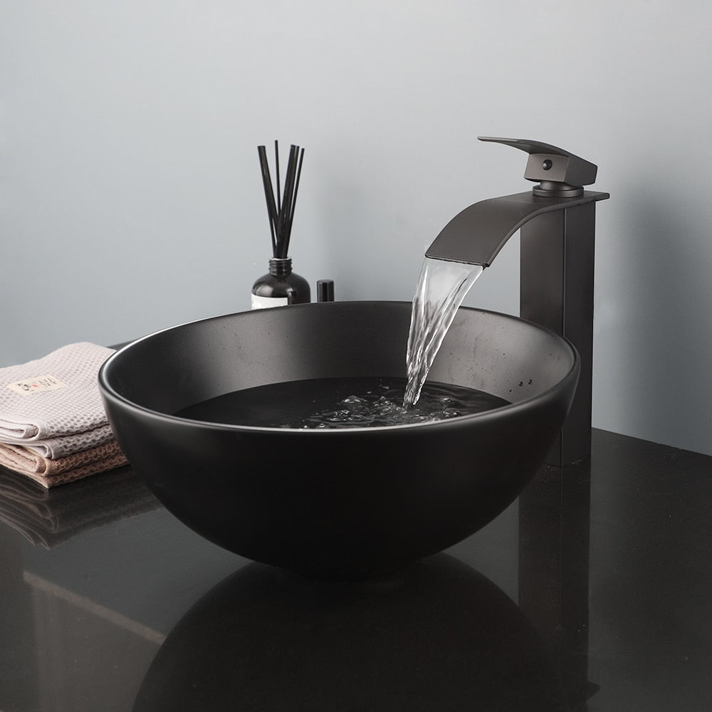 Black Ceramic Wash Basin Sink with Black Waterfall Faucet Tap Set