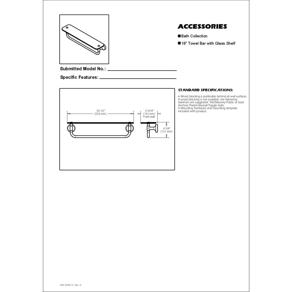 Chandler 18" Chrome Towel Bar with Glass Shelf