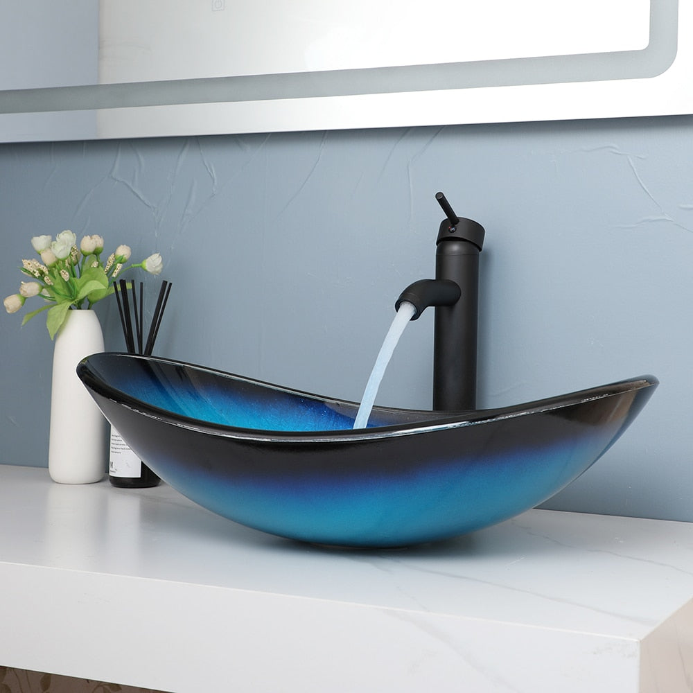 Blue Tempered Glass Oval Sink and Matte Black Faucet Combo
