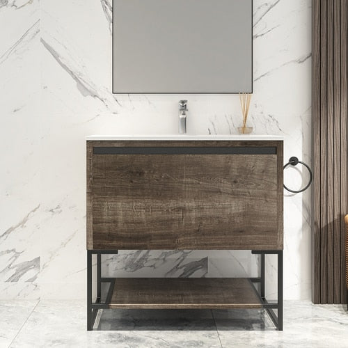 Wood Freestanding Vanity with Integrated Ceramic Sink