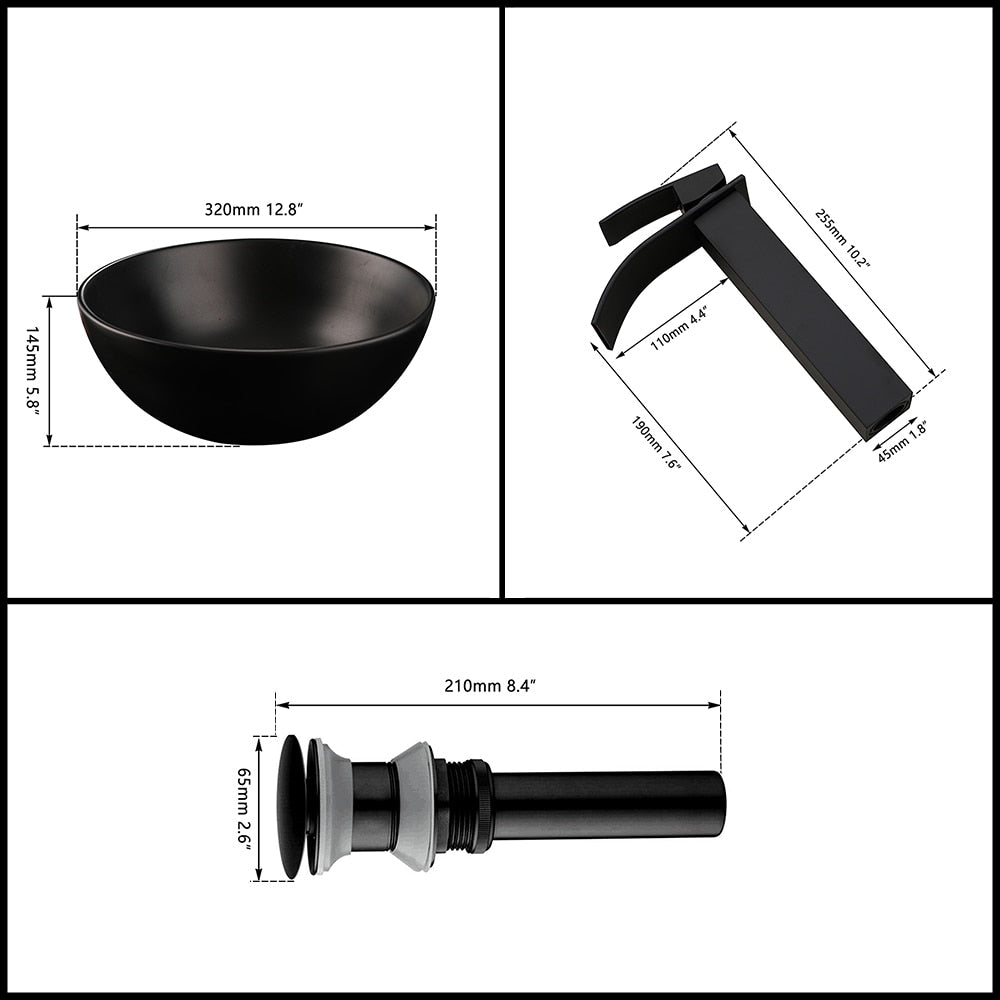 Black Ceramic Wash Basin Sink with Black Waterfall Faucet Tap Set