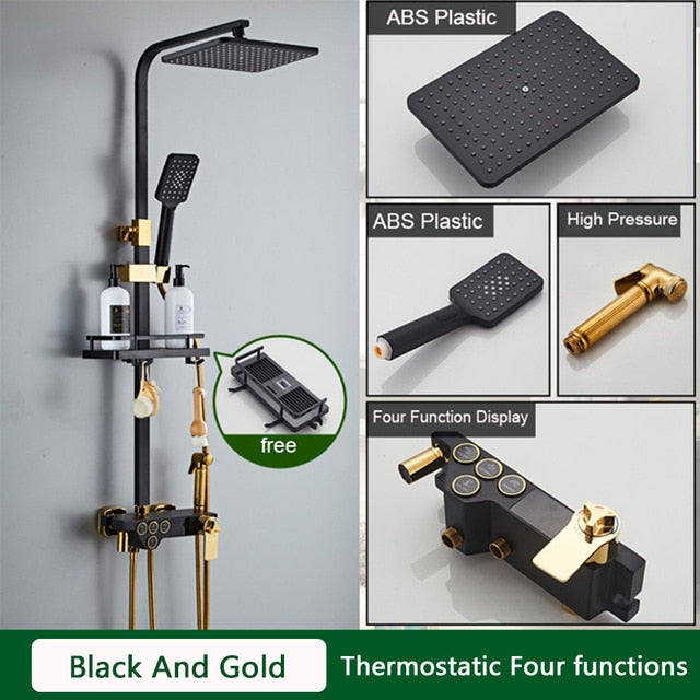 Black and Gold Rainfall Bathroom Faucet Shower System