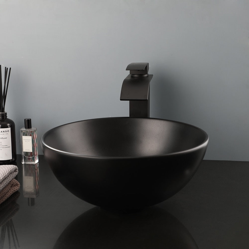 Black Ceramic Wash Basin Sink with Black Waterfall Faucet Tap Set