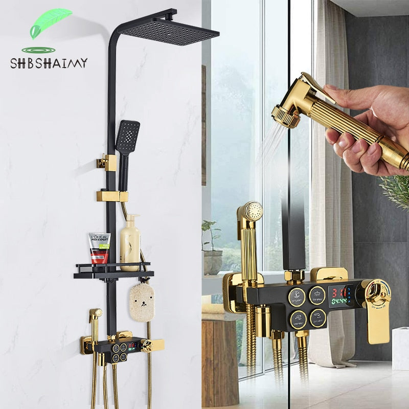 Black and Gold Rainfall Bathroom Faucet Shower System