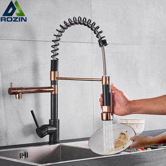 Rozin Black and Rose Golden Spring Pull Down Kitchen Sink Faucet