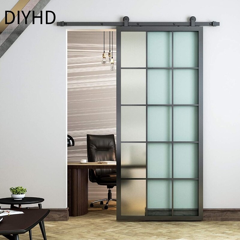 Black Aluminum Frame Glass Sliding Barn Door