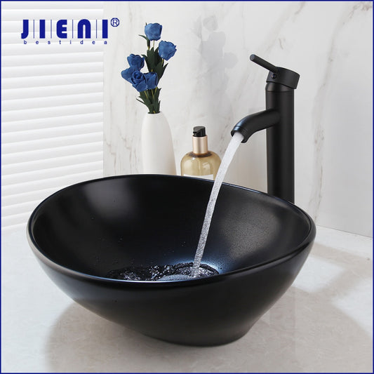 Matte Black Ceramic Oval Washbasin Sink With Brass Faucet